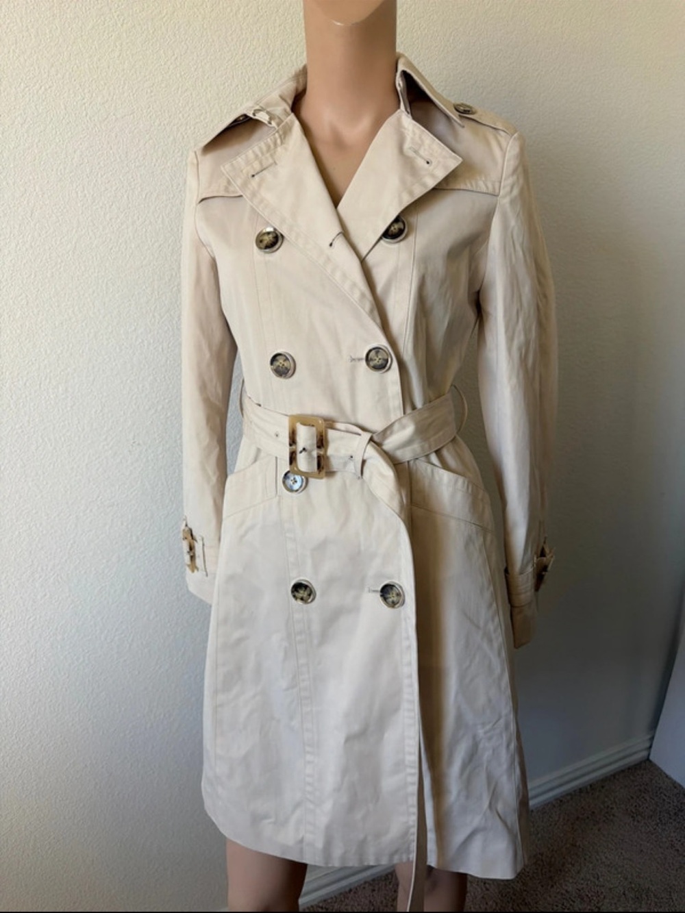 New London Fog Classic Cream Double-Breasted Trench Coat with Waist Belt PXS